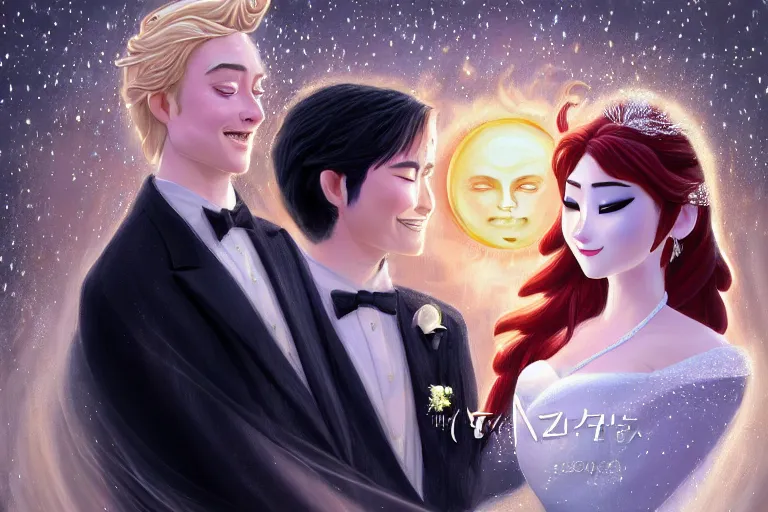 Image similar to a cinematic portrait of wedding photograph jpeg close up moment of a divine a japan sun god and moon goddess lovers magician at a wedding banquet. portraiture. digital painting. artstation. concept art. wedding photo. digital painting. frozen ii art masterpiece by art by krenz cushart