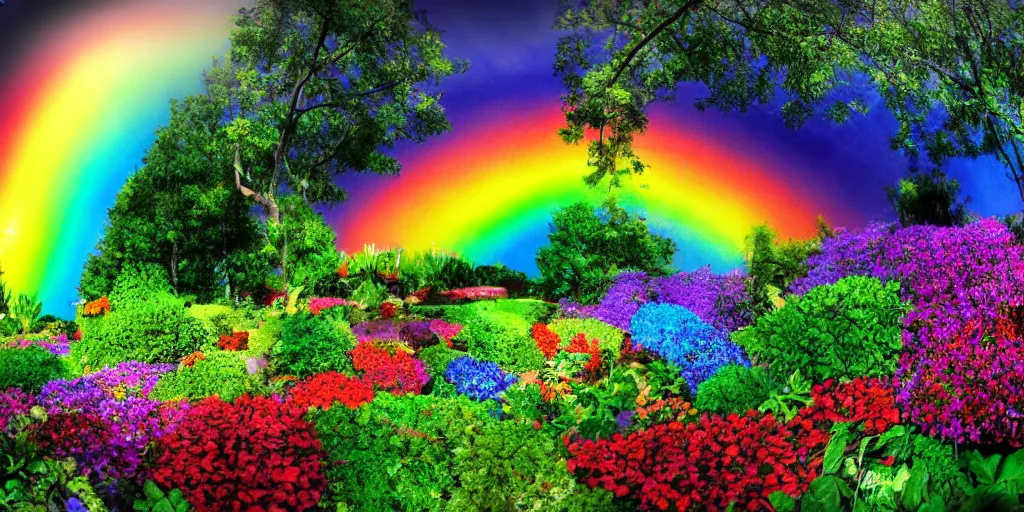 Image similar to equirectangular view of a rainbow garden