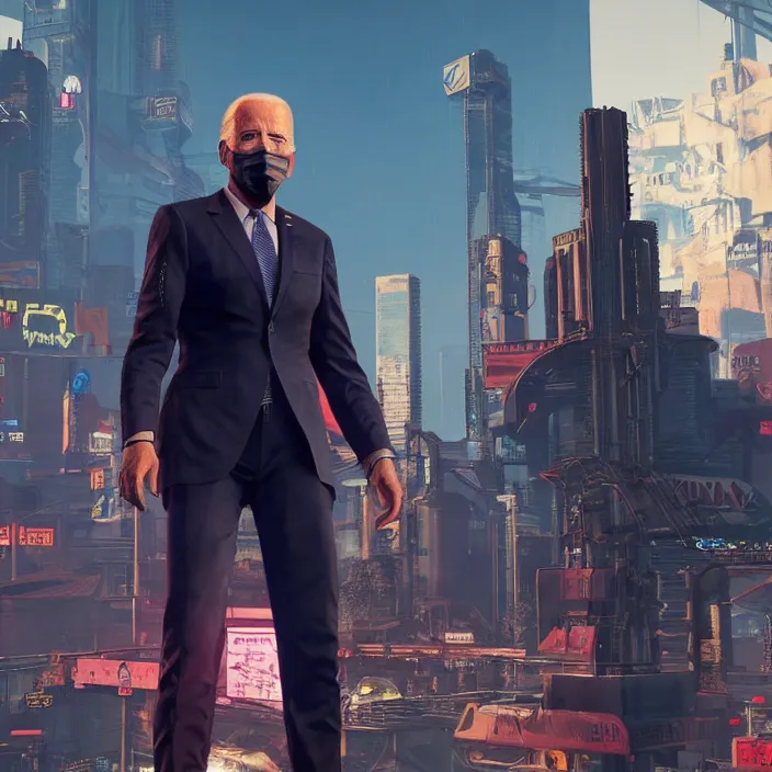Prompt: Joe Biden in Cyberpunk 2077, Gameplay Screenshot, detailed