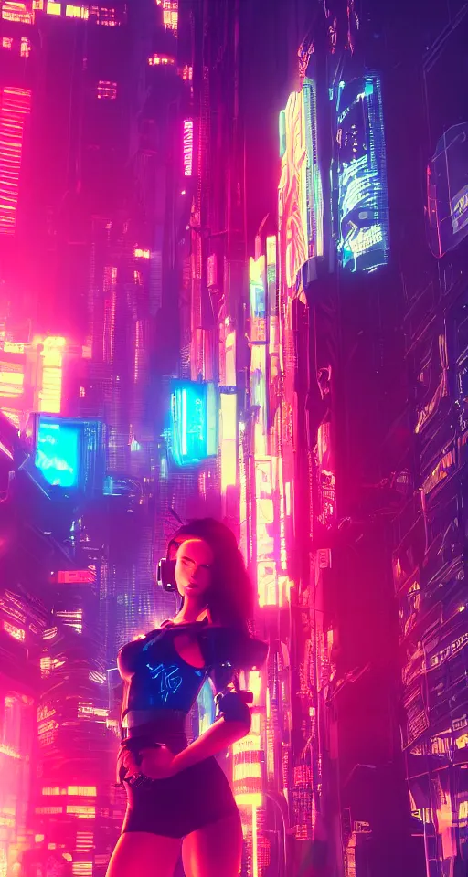 Image similar to cyberpunk women, city, neon lights, glow, sunset, atmospheric, cinematic, retrowave style,