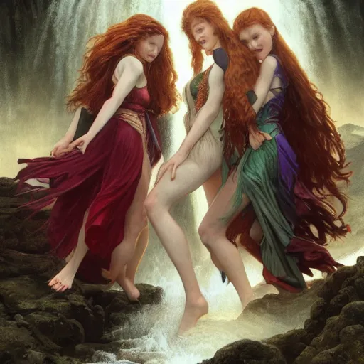 Image similar to an extremely detailed portrait of four polyamorous red haired vampire queens dancing while hiding from a thunderstorm in a cave behind a waterfall, epic fantasy, viewed in profile from far away, sharp focus, detailed face, art by greg rutkowski and alphonse mucha, volumetric lighting, 4 k resolution, trending on artstation, masterpiece