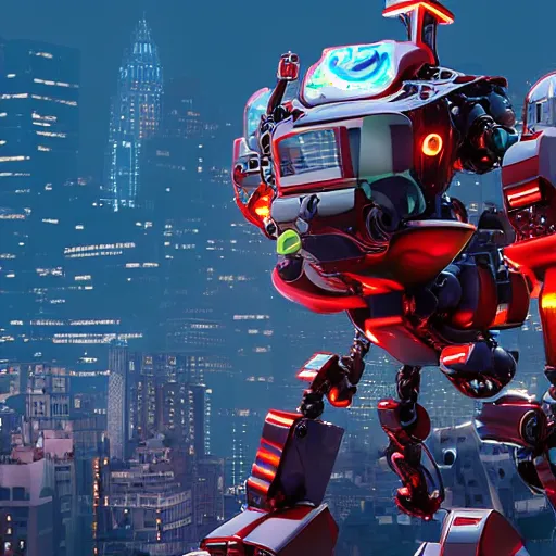 Image similar to Gigantic tin toy robot destroying new york at night, volumetric lighting, low angle looking up, unreal engine, H 1280