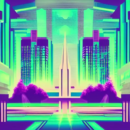 Prompt: art deco vaporwave illustration of a green park in a futuristic pastel city