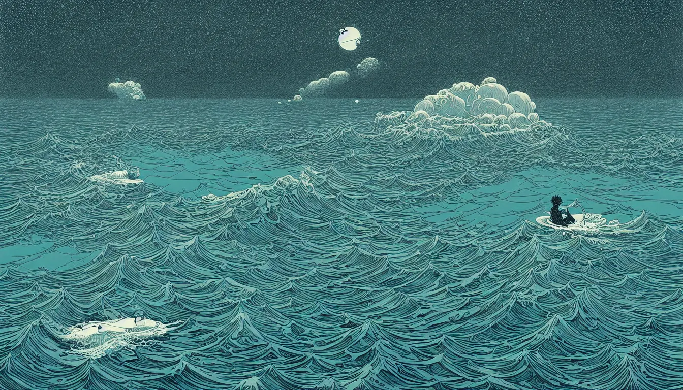 Image similar to calm sea at by nicolas delort, moebius, victo ngai, josan gonzalez, kilian eng