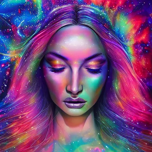 Prompt: a galaxy colored psychedelic chakra awakening kundalini ethereal portrait of kim petras with her eyes closed transcending to a higher plane of existence, eternal blessing, multiverse, by android jones, by ben ridgeway, visionary art, by artgerm, featured on artstation, cgsociety, by greg rutkowski