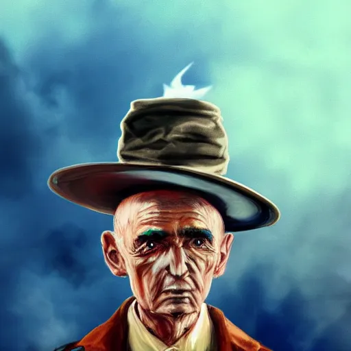 Prompt: Oppenheimer with hat made of colorful smoke, hazy, atmospheric, inspiring digital art, award winning, artstation,