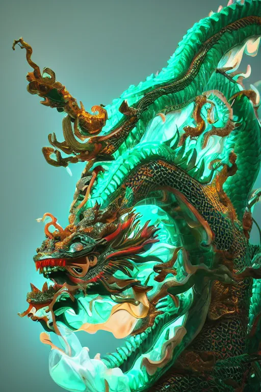 Prompt: a chinese dragon carved from translucent jade, dynamic pose, close - up, intricate details, intricate textures, warm lighting, vivid colors, smoke and mist, realistic octane render, hyper realistic render, volumetric shading, depth of field, raytracing, 8 k,