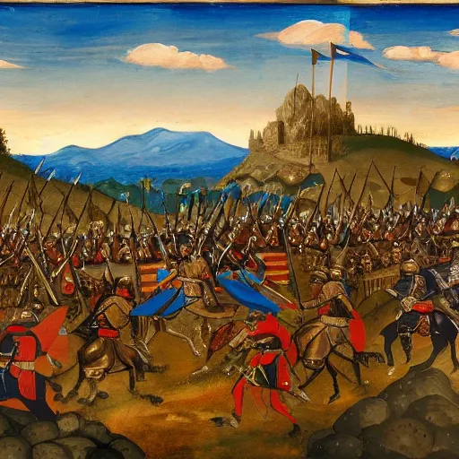 Image similar to wideshot of a medieval battle in front of a beautiful blue mountainscape, painting