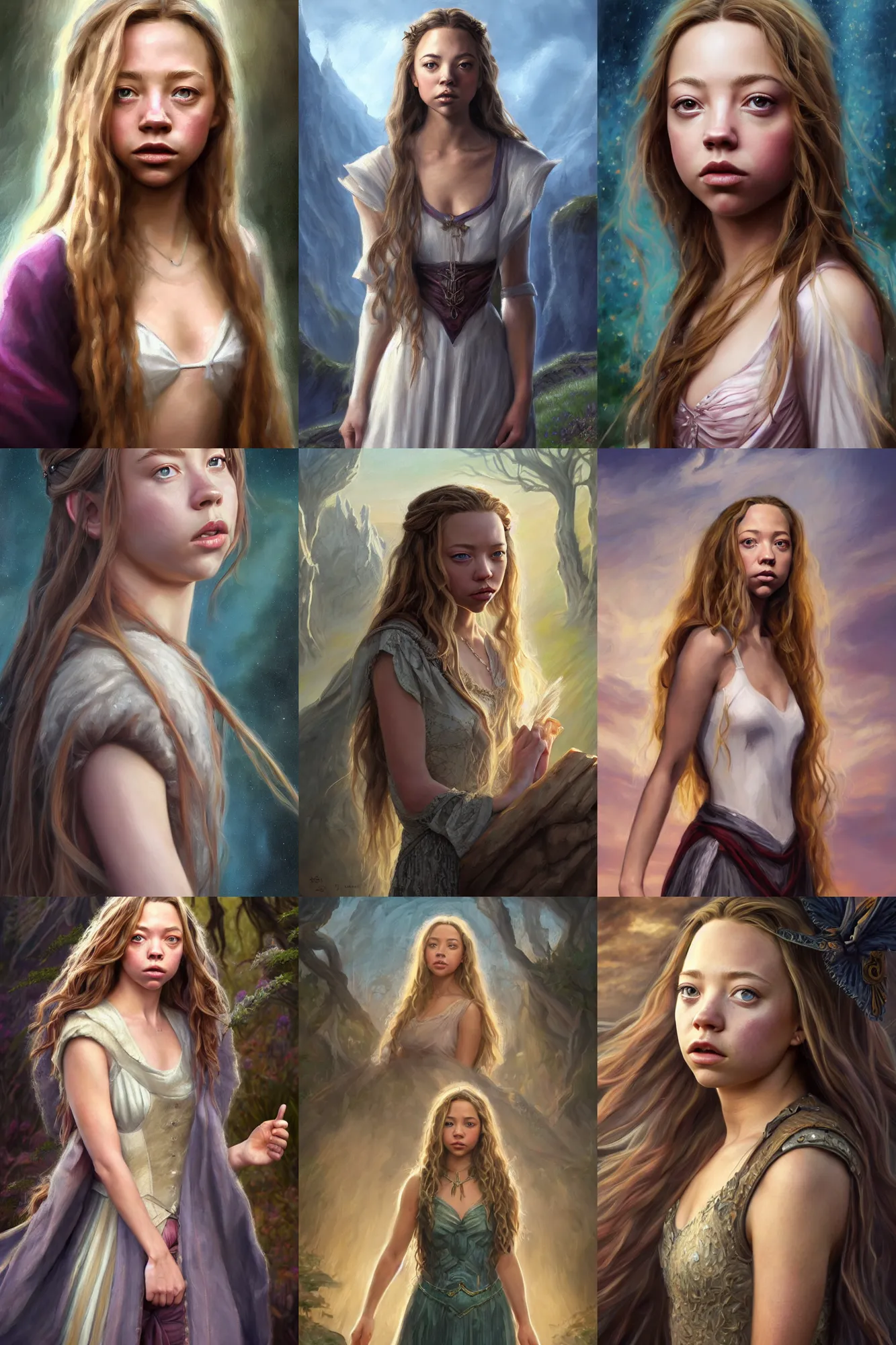 Image similar to a full body high detail fantasy portrait oil painting illustration of sydney sweeney as an elegant female wizard by justin sweet with face and body clearly visible, in a scenic background, pupils visible, realistic proportions, d & d, rpg, forgotten realms, artstation trending, high quality, sombre mood, artstation trending, muted colours, entire person visible!