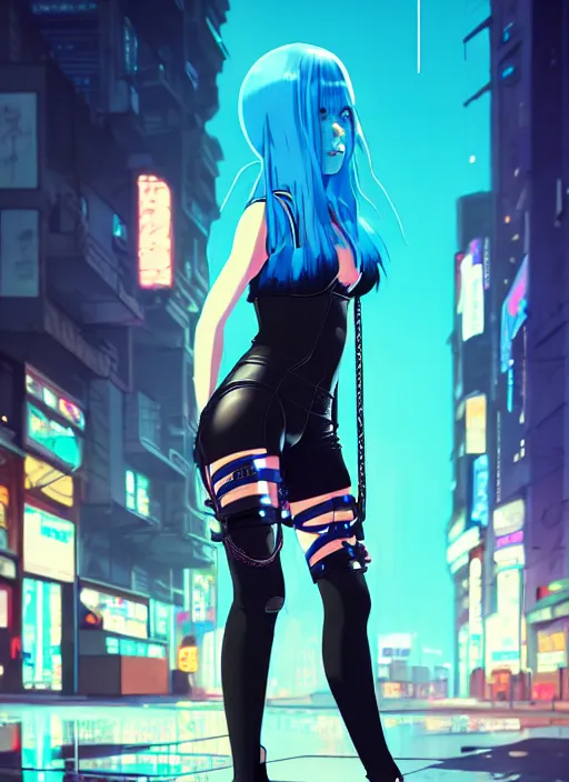 looking at viewer, anime, anime girls, leather tights, cyberpunk, portrait  display, AI art