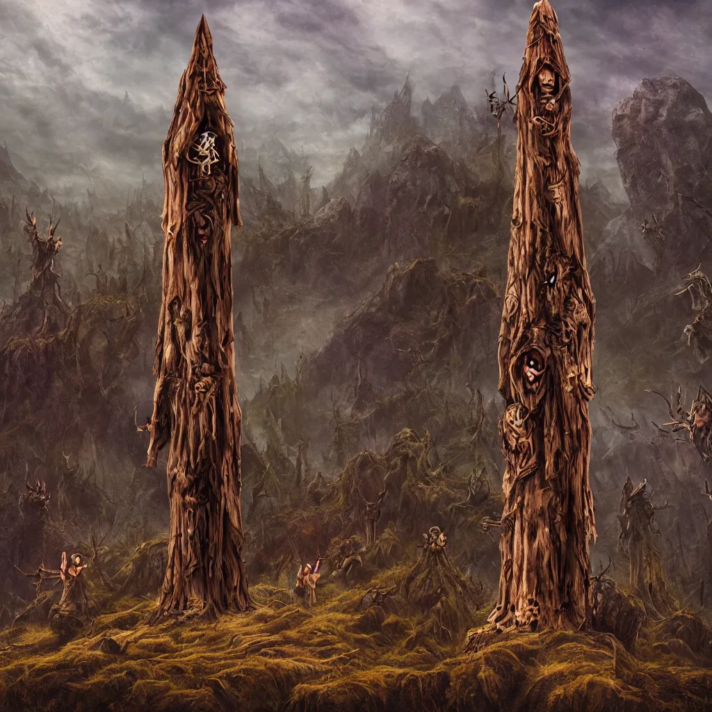 Image similar to evil druid ritual, wooden totem of vampire, on a hill, a detailed matte painting, fantasy
