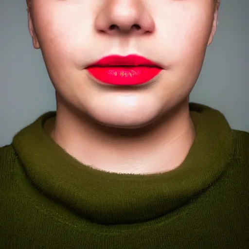 Image similar to minimalist photography portrait of a woman with the world's smallest mouth, tiny lips, symmetrical, super close up, mid thirties, medium blonde, cute round green slanted eyes, pale skin, wide nostrils, chubby cheeks, high flat eyebrows, ethereal essence, angelic, leica 1 0 0 mm f 0. 8