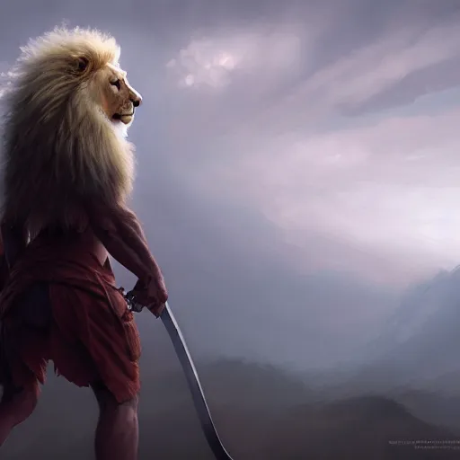 Image similar to commission of a male anthropomorphic albino lion holding a sword,digital art,art by greg rutkowski,trevor henderson,ross tran,photorealistic,hyperdetailes,highly realistic,natural lighting,deviantart,artstation,dramatic,cinematic,4k,western comic style,the sky is red,sharp lineart,hard shadows