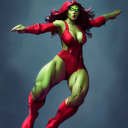 Prompt: marvel's the hulk dressed as the scarlet witch, beautiful face, action pose, splash art, comic book style, by wlop, highly detailed, dynamic shadows, trending on artstation