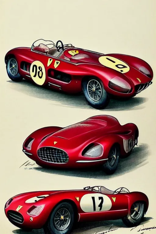 Image similar to (((((1950s racing Ferrari Maserati porsche lamborghini jaguar race. muted colors.))))) by Jean-Baptiste Monge !!!!!!!!!!!!!!!!!!!!!!!!!!!