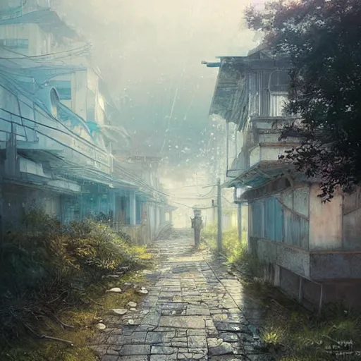 Prompt: walking around dilapidated ikeshima island, nagasaki, japan. volumetric lighting, dew, spring morning, slight overcast weather, realistic illustration, perfectly shaded, soft painting, art by krenz cushart and wenjun lin