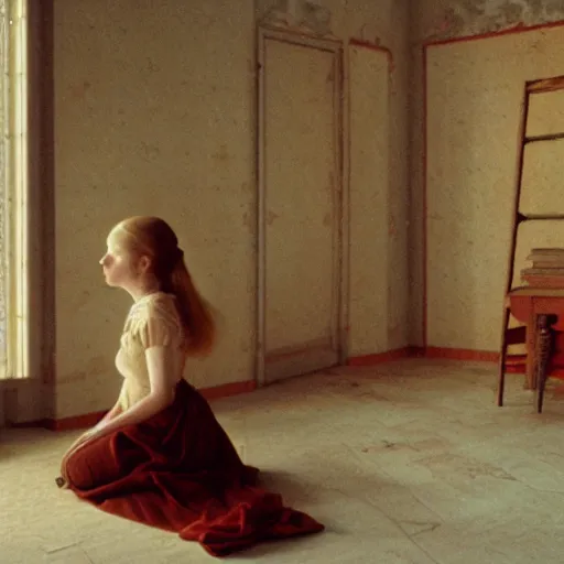 Image similar to an ivory girl in an soviet golden liminal abandoned room, film still by wes anderson, depicted by balthus, limited color palette, very intricate, art nouveau, highly detailed, lights by hopper, soft pastel colors