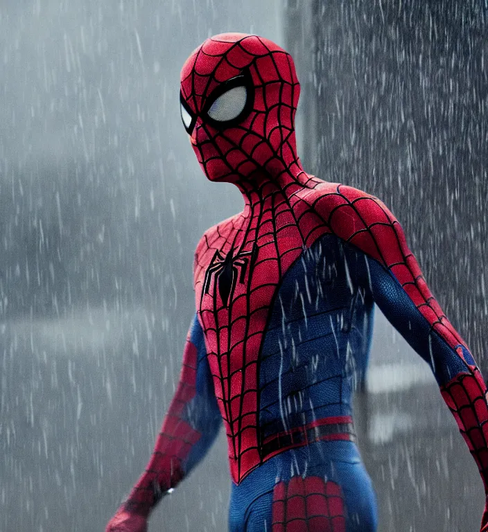 Image similar to cinematic of tobey maguire as spiderman, dramatic rain, 8 k, moody lighting