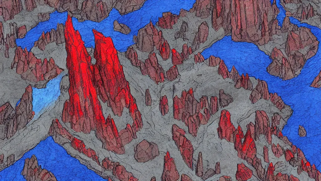 Image similar to Aerial view of a wizard tower surrounded by a blue cave, a red cave, a blue mine and a red mine, lineart, colored