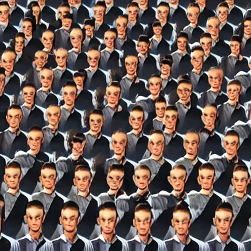 Prompt: photo of an army of human clones with their faces visible, highly-detailed