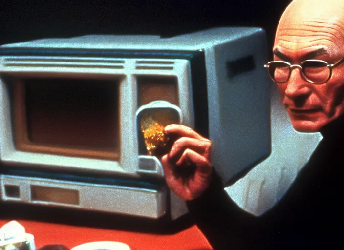 Image similar to a scene from a 1 9 8 2 s halloween iii, patrick stewart is eating from a can of beans, vhs distortion, cathode ray tube distortion, folk horror, hauntology, 8 k, 8 5 mm f 1. 8, studio lighting, rim light, right side key light