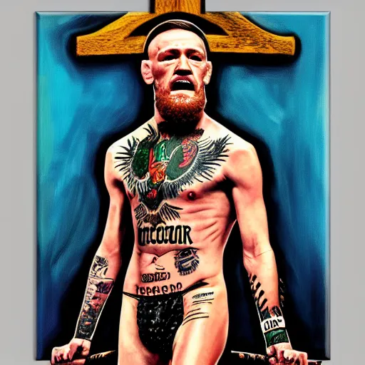 Prompt: conor mcgregor crucified, oil on canvas, digital art, religious, chest tattoo