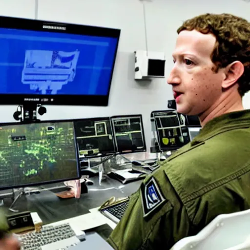 Prompt: mark Zuckerberg controlling a giant military drone from inside a military command center. Images of war on big screens.