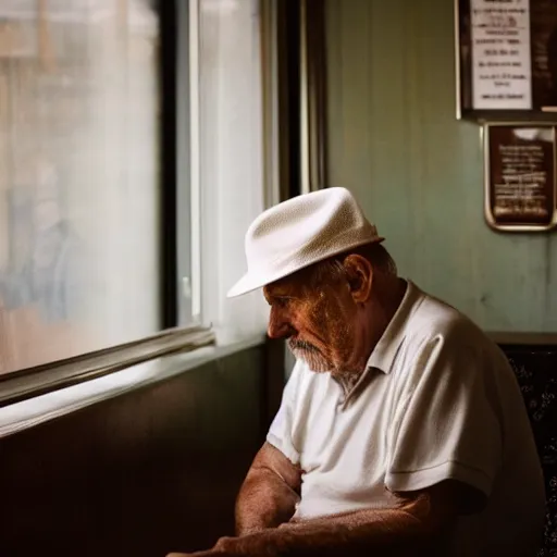 Image similar to a still of a lonely, melancholic old man staring at a slice of cake in a diner, he wears a birthday hat, infront of him is a framed photo facing him, dramatic contrasting light, 50mm, shot on a leica