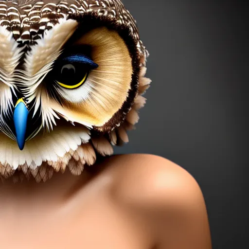 Image similar to beautiful humanized owl girl in full growth, studio shot in style, professional photographer, many details, super realistic, high quality, 8 k