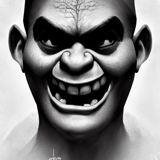 Image similar to noisy black and white shrek creepy face, highly detailed, digital painting, artstation, concept art, smooth, sharp focus, illustration, art by artgerm and greg rutkowski and alphonse mucha