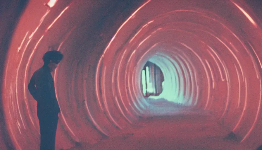 Image similar to 1 9 7 0 s movie still of a man in a bloodtunnel, cinestill 8 0 0 t