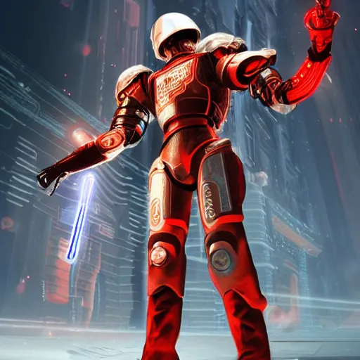 Prompt: a cyborg knight wearing space armor and holding a laser lance, cyberpunk, futurustic, red white and gold color scheme