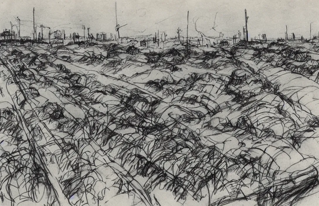 Prompt: milt kahl sketch of world war 1 trenches with the city of miami in the background