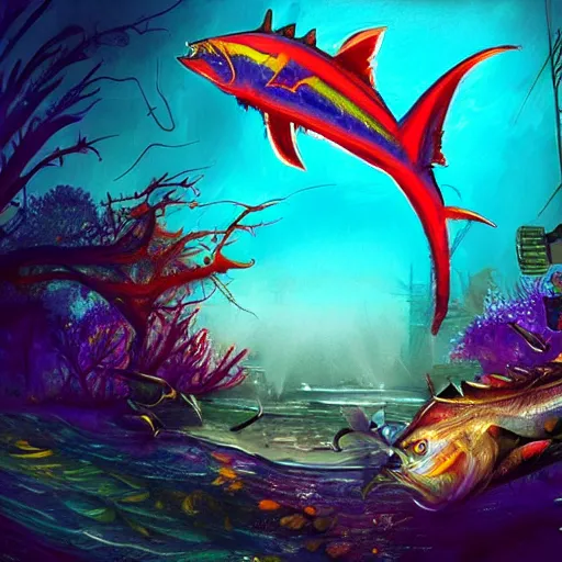 Prompt: zombified marlin, beautiful composition, wide angle, colorful, cinematic, volumetric lighting, intricate details painting