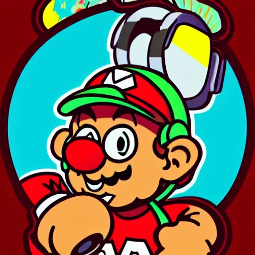 Image similar to svg sticker of a Pop-Wonder SuperMario, Mario-Wearing-a-red-hat, at a rave, spinning records, giant headphones rocking out, wearing headphones, huge speakers, dancing, rave, DJ, spinning records, digital art, amazing composition, rule-of-thirds, award-winning, trending on artstation, featured on deviantart