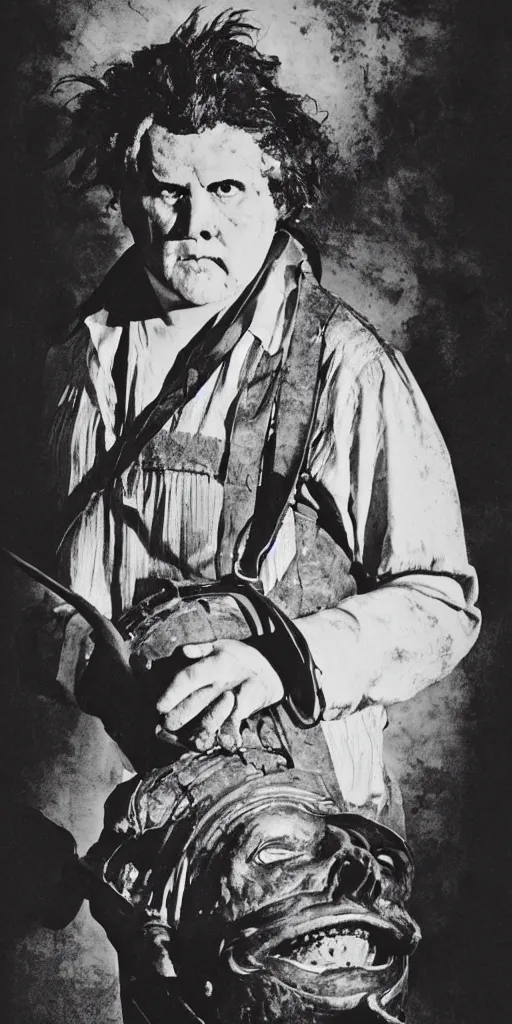 Image similar to a beautiful portrait photograph of Leatherface for the highschool yearbook