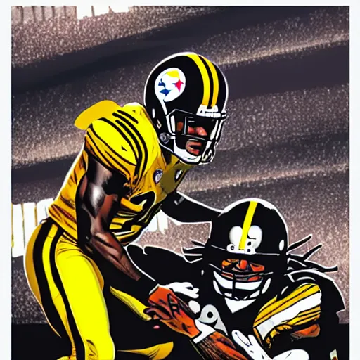 Prompt: detailed najee harris jumping over defender, steelers uniform, in the style of a marvel comic book, realistic, trending on artstation