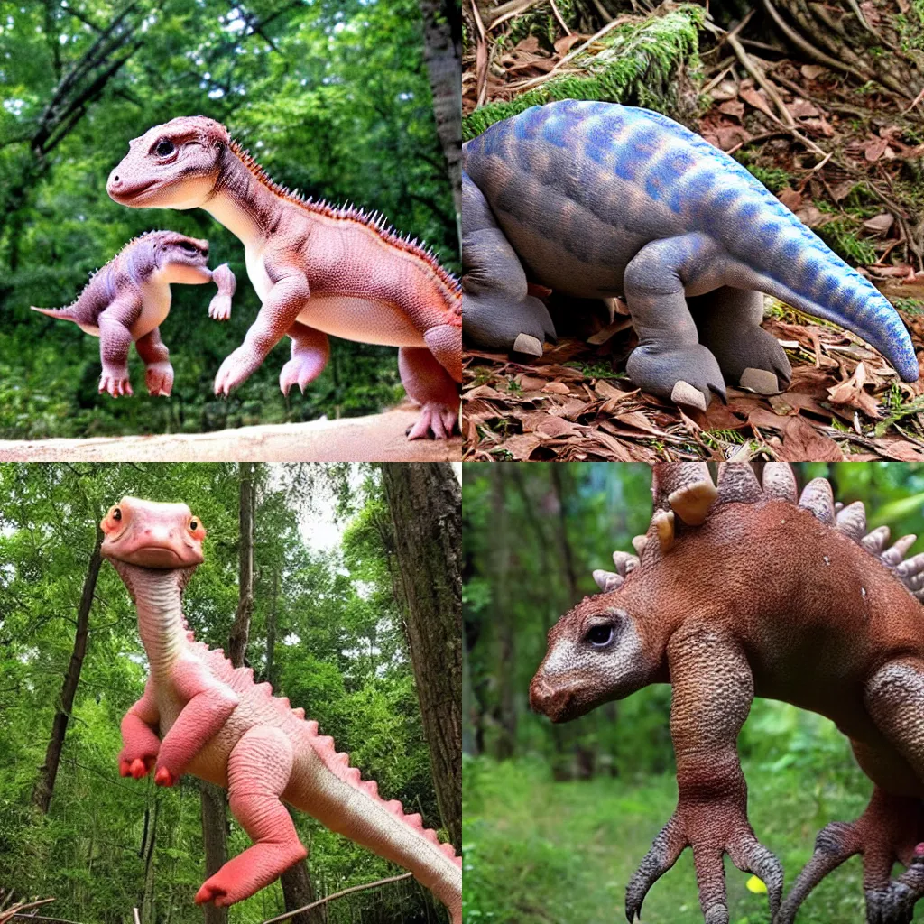 Prompt: Subject: a cute baby dinausaur ; environment: forest canopy ; action: jumping ; transformation : gigantified ; type: photography ; quality: professional