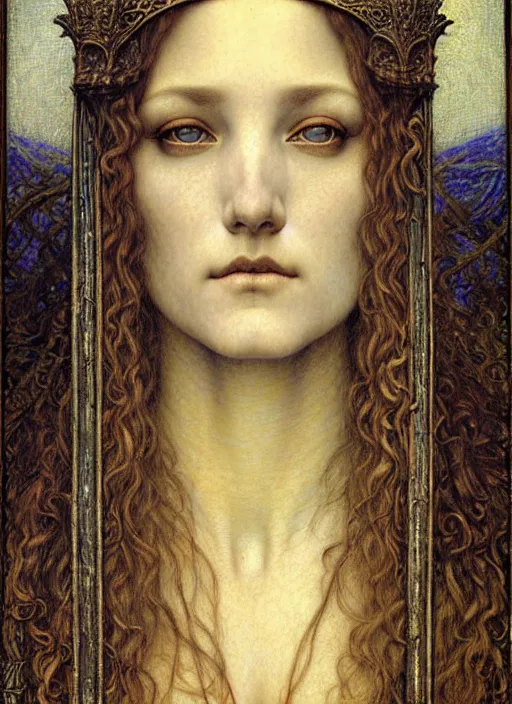 Image similar to detailed realistic beautiful young medieval queen face portrait by jean delville, gustave dore and marco mazzoni, art nouveau, symbolist, visionary, gothic, pre - raphaelite. horizontal symmetry