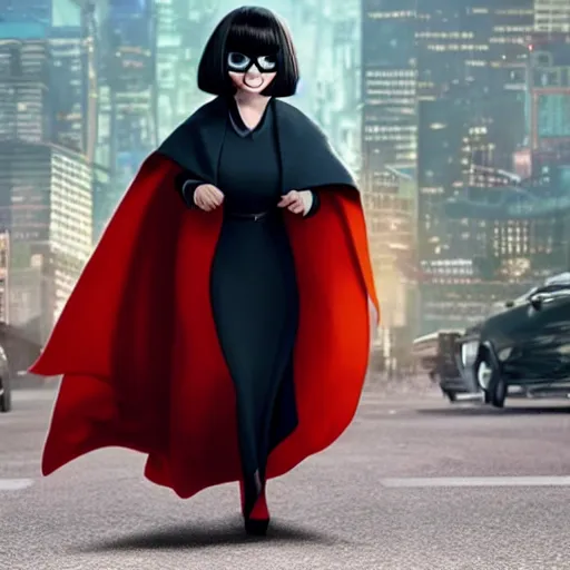 Image similar to a still of upset Edna Mode wearing a cape, Pixar (2018)