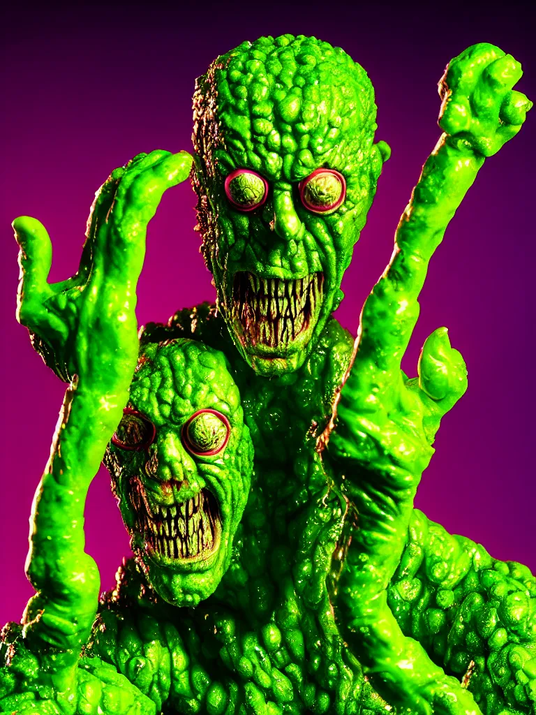 Prompt: hyperrealistic rendering, shiny wet toxic avenger by art of skinner and richard corben and jeff easley, product photography, action figure, sofubi, studio lighting, colored gels, rimlight, backlight