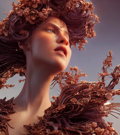 Image similar to beauteous practical sumptuous biomechanical with incredible hair, projected ray traced oled retinal overlays, crystalline masterpiece incrustations, hyperdetailed face, elegant pose, movie still, intricate, octane render, cinematic forest lighting, cgsociety, unreal engine, crepuscular rays, god rays