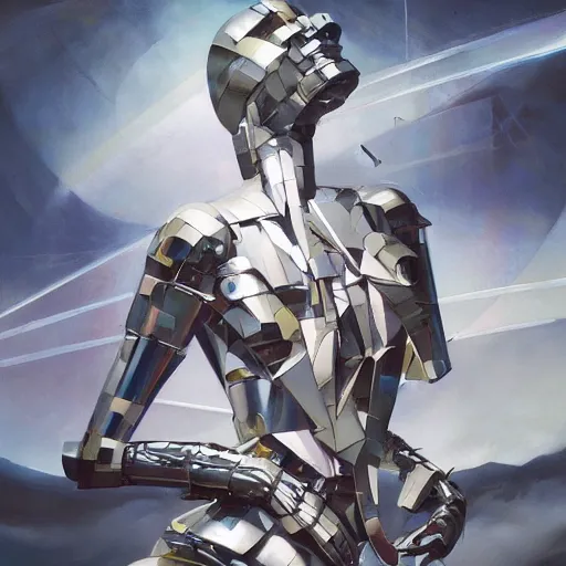 Image similar to scifi futurism automaton minimalism chrome by peter mohrbacher art Hajime Sorayama airbrush hyperrealism model abstract shatter fragments cubism futurism