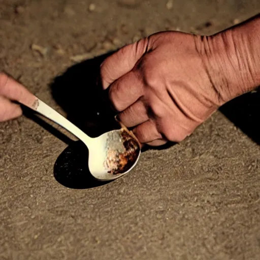 Prompt: slappy the dummy digging into the floor with a spoon