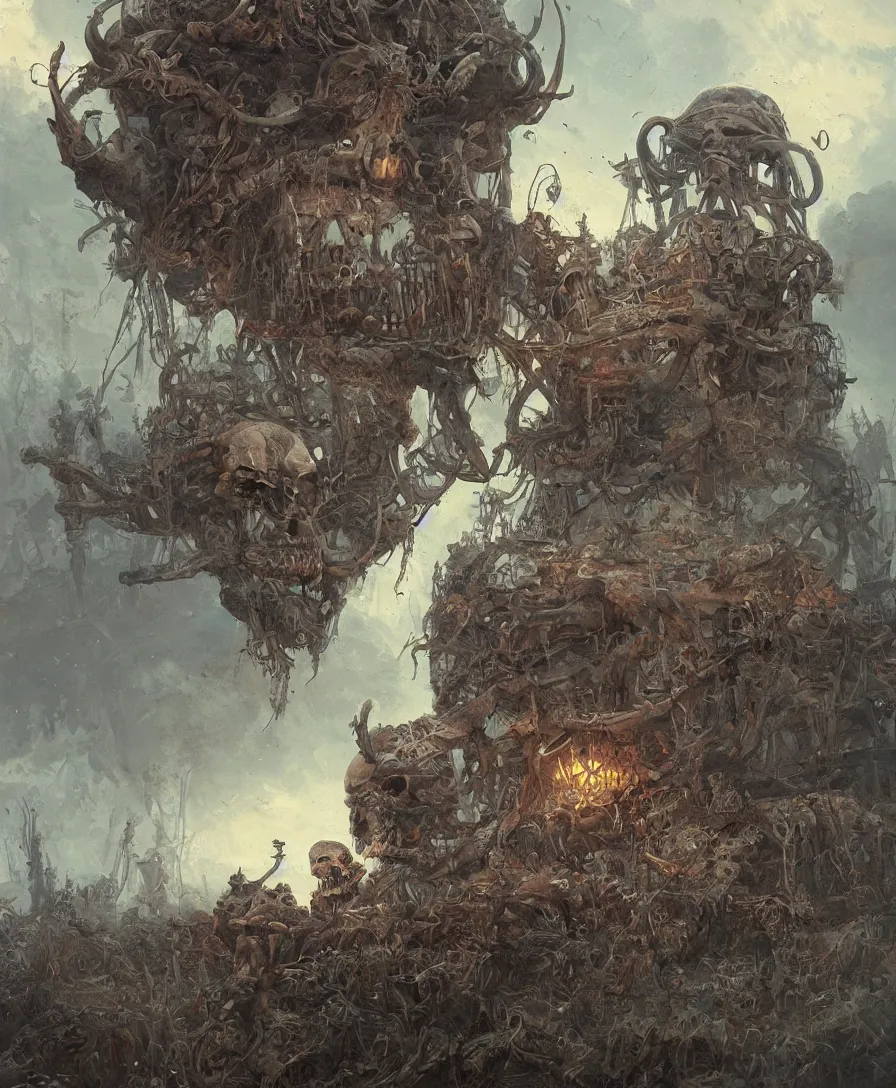 Image similar to close up skull and bones pile, illustrated by Simon Stålenhag and Gaston Bussiere, intricate, ultra detailed, photorealistic, trending on artstation