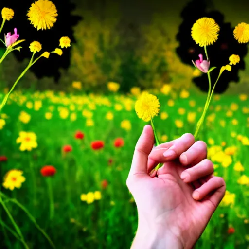 Prompt: a couple holding hands in a field of flowers, symmetrical face, beautiful, vfx, photo realistic, 8 k, aesthetic