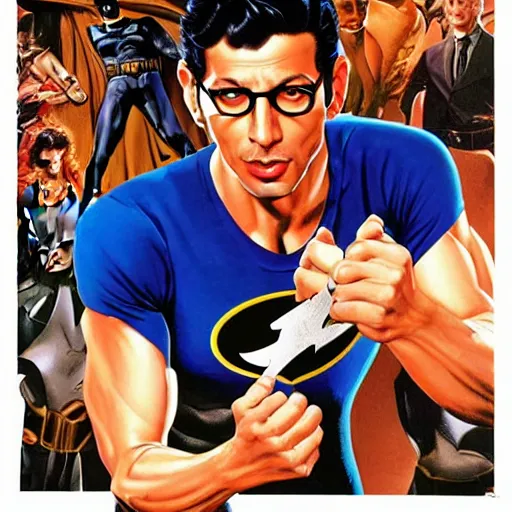 Prompt: young jeff goldblum as bruce wayne, muscular, batman t shirt, film still from chest up, joe jusko, boris vallejo