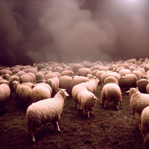 Prompt: sheep in a burning room, cinestill 800t 50mm, photography