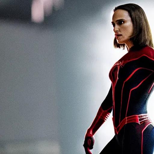 Image similar to Natalie Portman as spiderwoman, dramatic cinematic portrait, rain