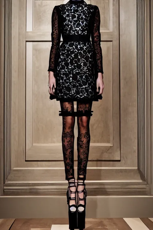 Prompt: valentino 2 0 1 3 floral, lace, geometric patterned, cybernetic fashion, dress, skirt & blouse